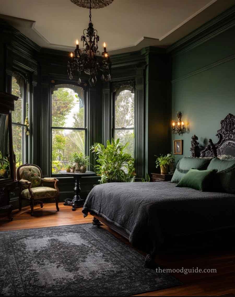 black and dark green slytherin aesthetic bedroom with black victorian bed frame and black rug and black chandelier