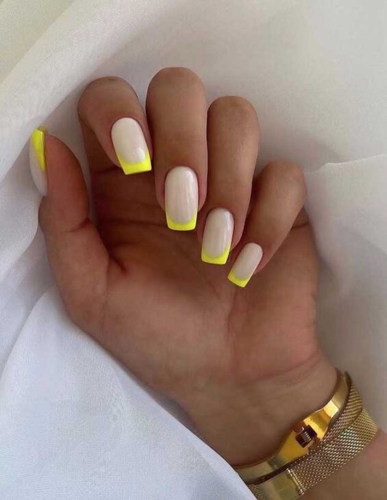 milky white with neon french tips square summer aesthetic nails