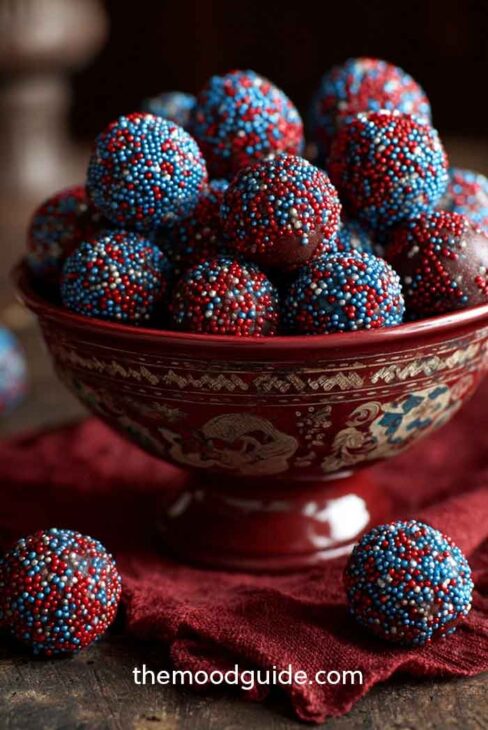 elegant food dessert table decor with chocolate truffles and red and blue sprinkles