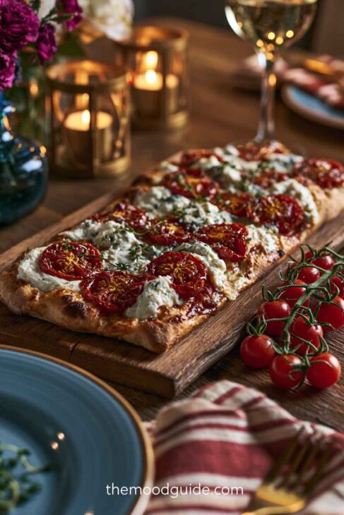 rustic flatbread with cherry tomato and blue cheese