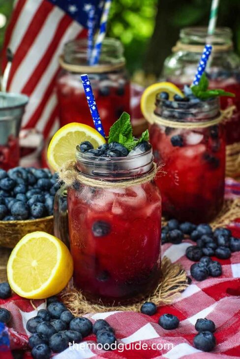 blueberry lemonade on mason jar for 4th of july table