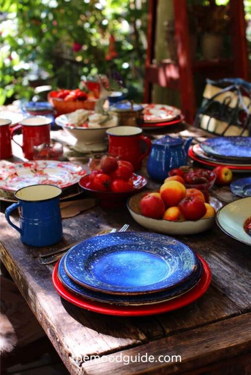 4th of july vintage table with rustic enamel dinnerware