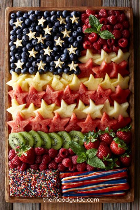 independence day tray aesthetic arrenged like the flag with fuits and candies.