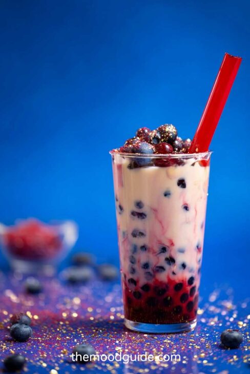 red white and blue milk tea with blueberry for 4th of july