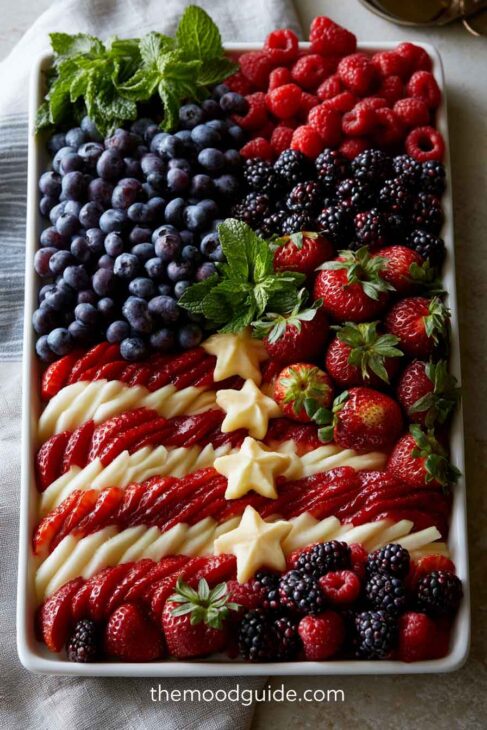 4th of July appetizers, snack food platter charcuterrie arranged like the flag