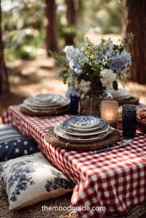 4th of july aesthetic table farmhouse rusti style red white and blue with vintage dinnerware