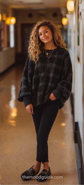 dark academia black jeans easy sweater fall outfit with loafers