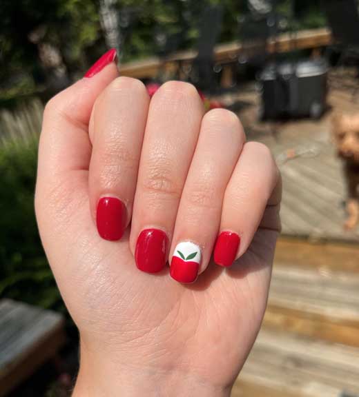 easy to do design classy red simple back to school nail art with apple design on short nails