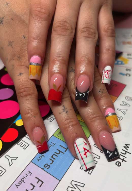 bak to school nails for students on square nails