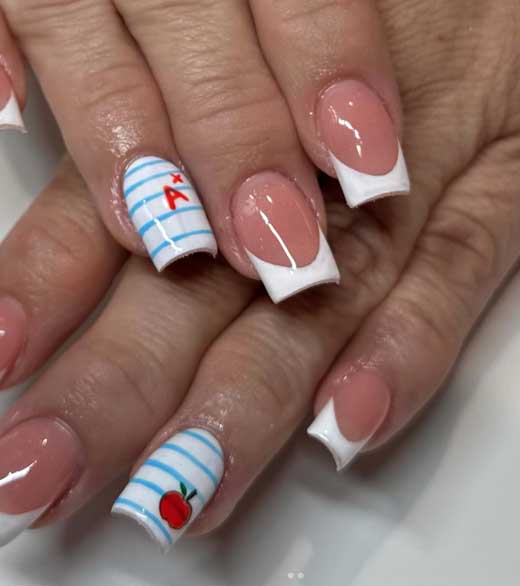 white and blue notebook easy to do design simple clean girl classy back to school nail art
