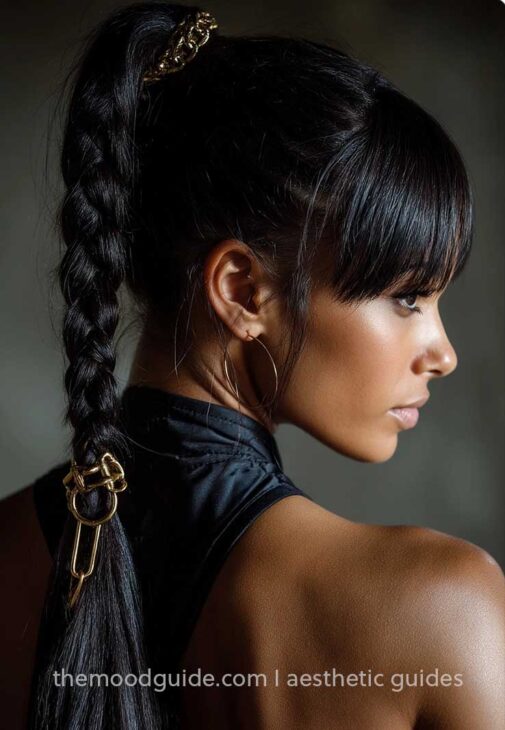 braided ponytail with bangs goddess baddie hairstyle on straight black hair and black woman