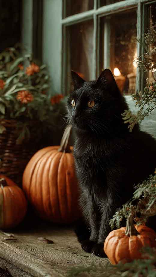 dark black cat fall aesthetic wallpaper for iphone