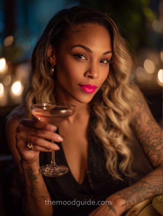baddie honey blonde hairstyle on black woman. long and wavy for luxury date night