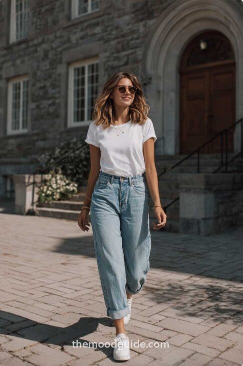 clean girl casual downtown girl jeans and white tshirt back to school outfit