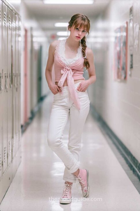 coquette back to school outfit with lace tank, white jeans and pink converse