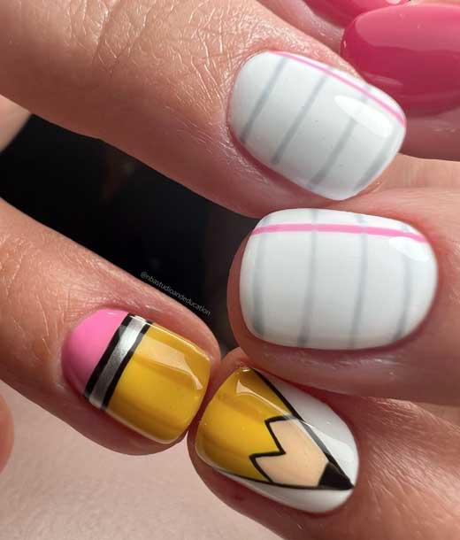 easy not acrylic back to school aesthetic nail design with pencil and notebook