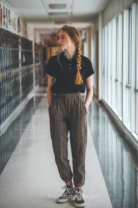 classy dark  academia back to school high school and college plaid pants and black polo with sneakers
