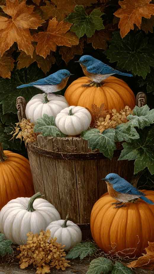 aesthetic vintage farmhouse and pumpkins and blue birds cute fall wallpaper for iphone free and hd