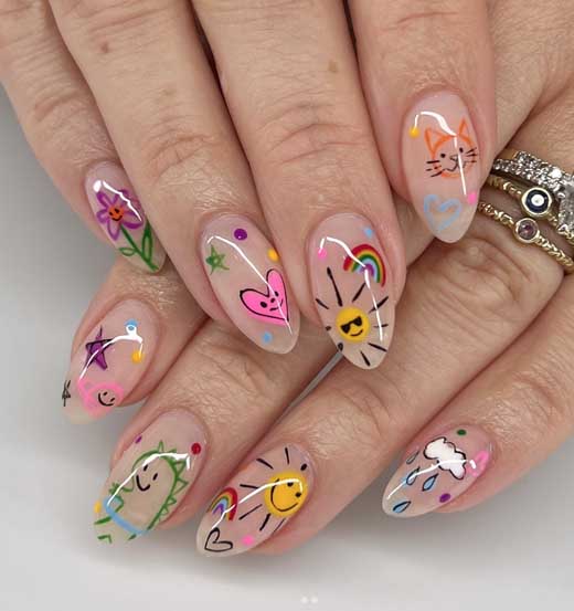 doodle nail art on natural nails for bak to school manicure
