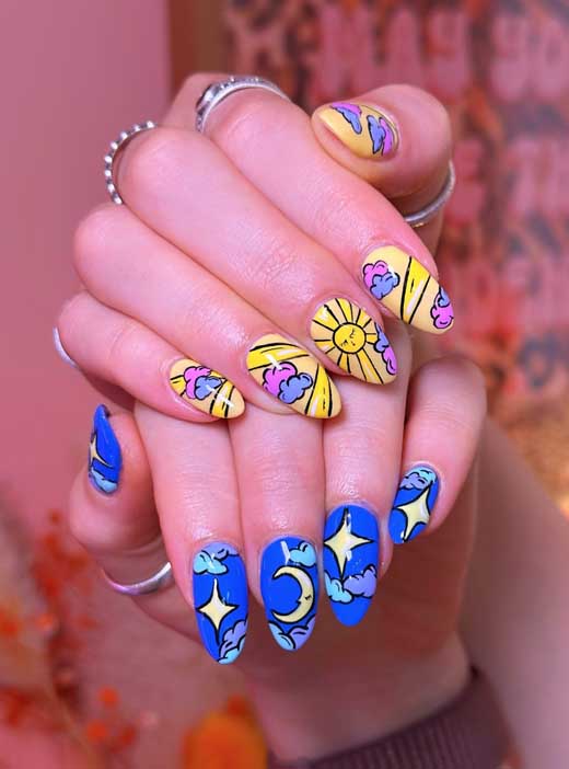 fun yellow and blue cute doodles nails