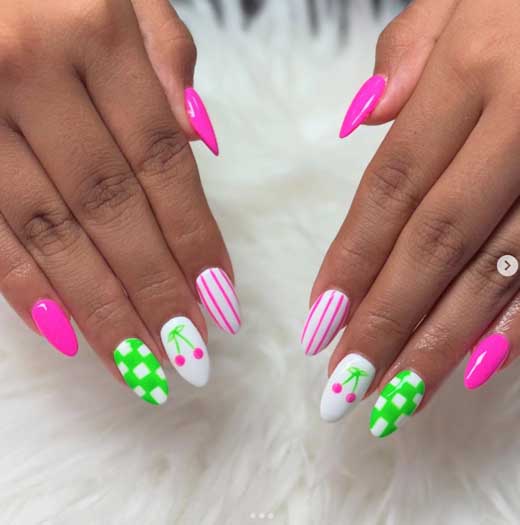 cute checkered neon pink and neon green with white, cherry and stripes school college nails