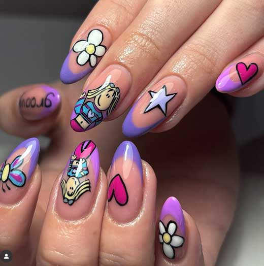 Y2K groovy nail art with 2000s-inspired doodles and French tips.
