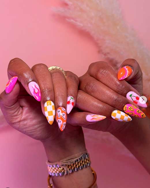 funny groovy aesthetic nail set with pink and orange for college