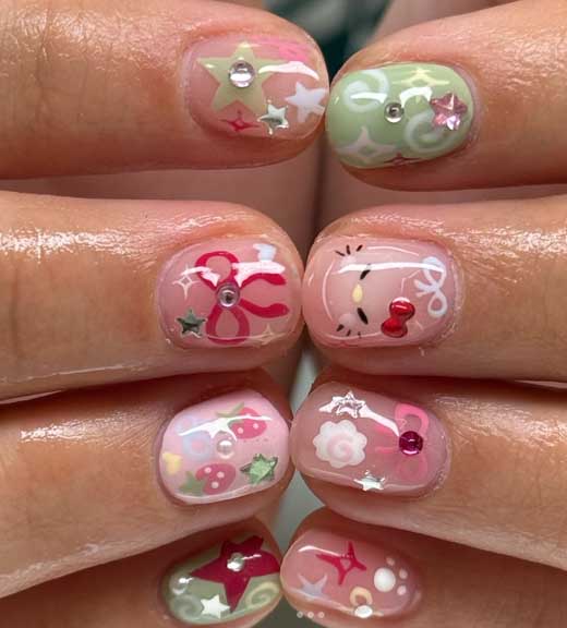 hello kitty cute kawaii back to school nail art on short nails