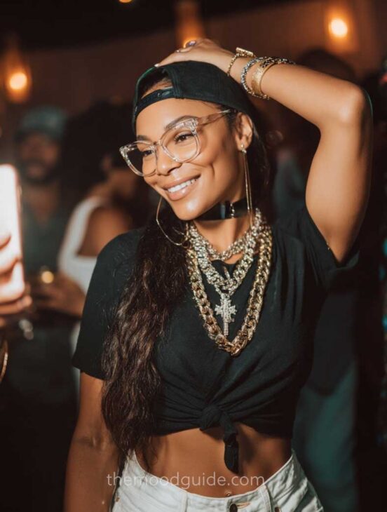 hip hop baddie hairstyle with glasses and chains
