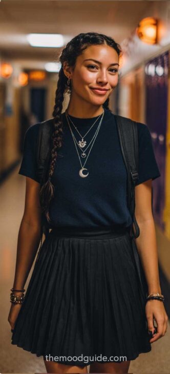 casual dark withy casual back pleated skirt and nay blue bak to school cute outfit