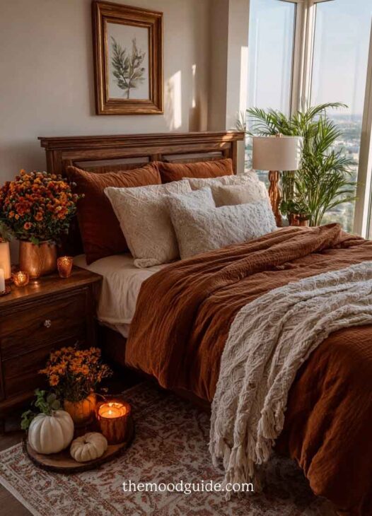 cozy comfy brown aesthetic bedroom decor for autumn with wood bedframe