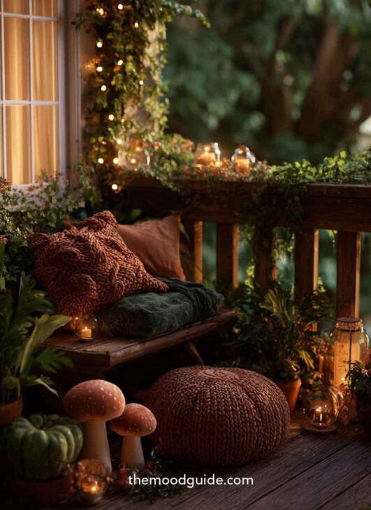 fall cottagecore aesthetic earthy rustic apartment balcony with flowers