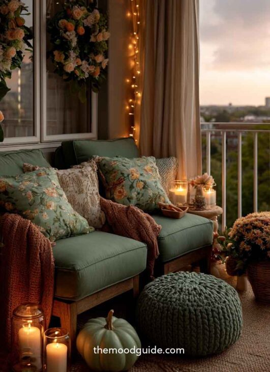 cottagecore fall aesthetic balcony decor with flowers, green and brown