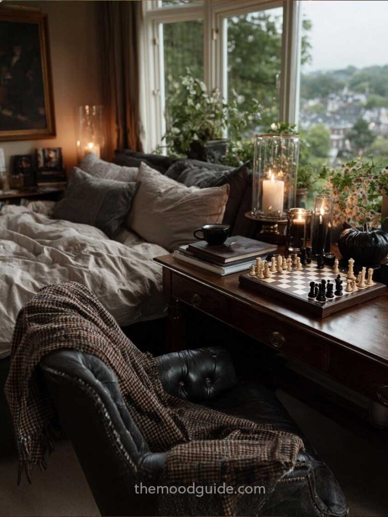 classic dark academia bedroom