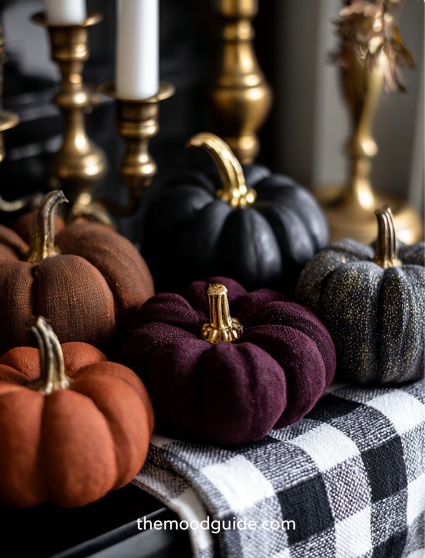 dark academia aesthetic fall decor on charcoal, rusty orange, burgundy and brown pumpkins on black and white checkered blanket