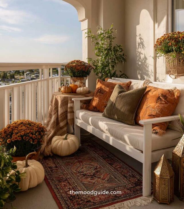 earthy boho cozy fall balcony decor