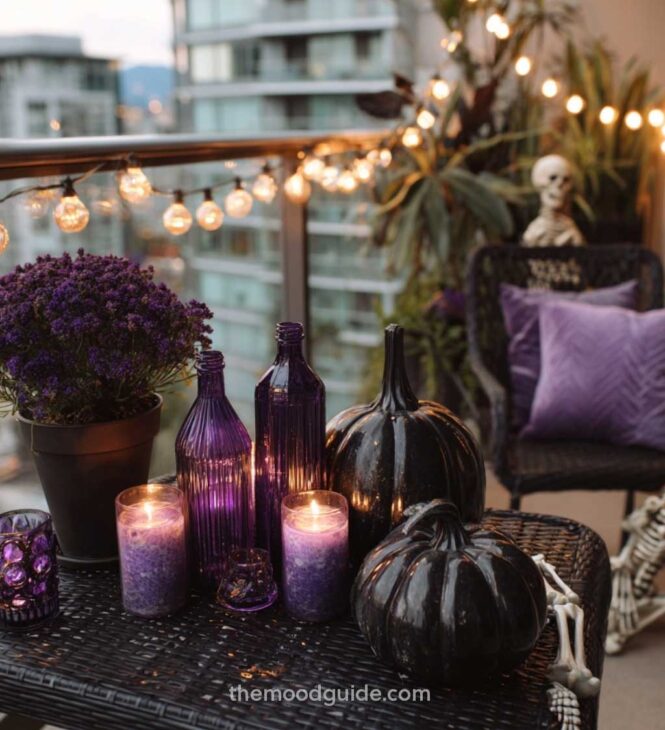 aesthetic black and purple fall balcony apartment decor idea