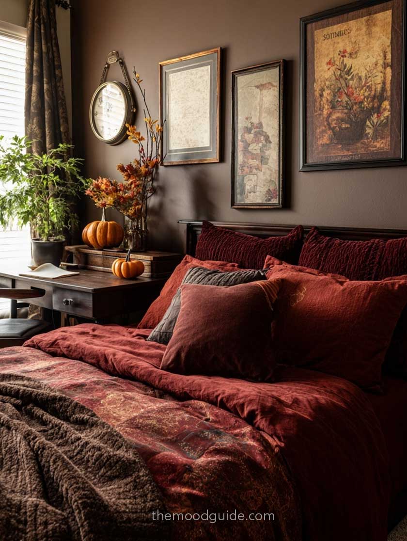 dark academia fall bedroom with cozy dark burgundy bedding