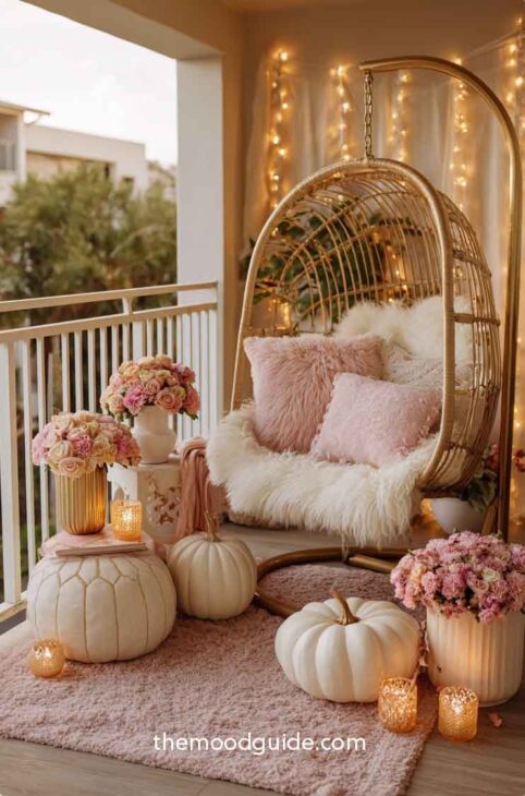 pink aesthetic cozy fall balcony decor