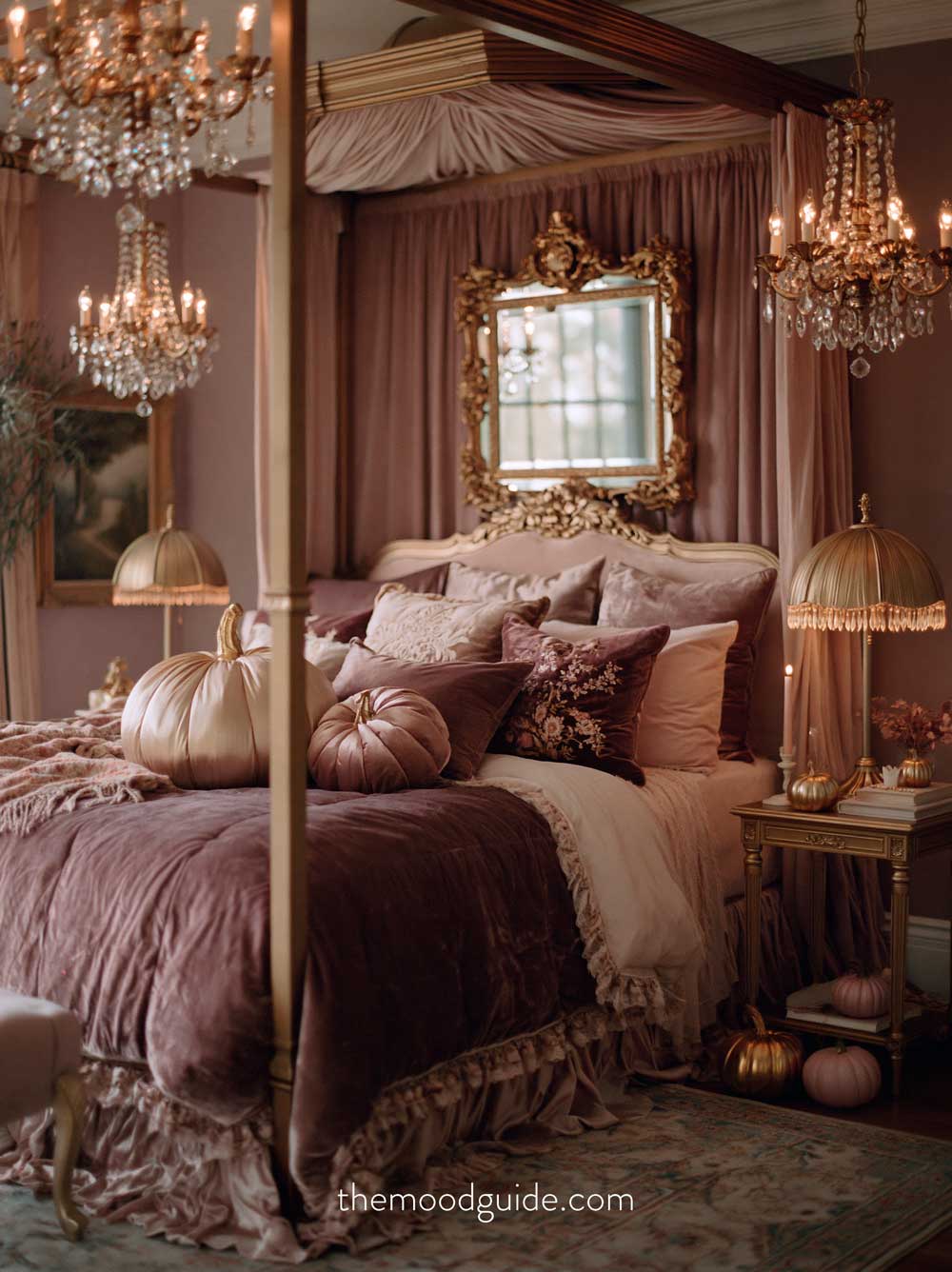 princess royall fall aesthetic bedroom bedding with vintage gold and mauve velvet