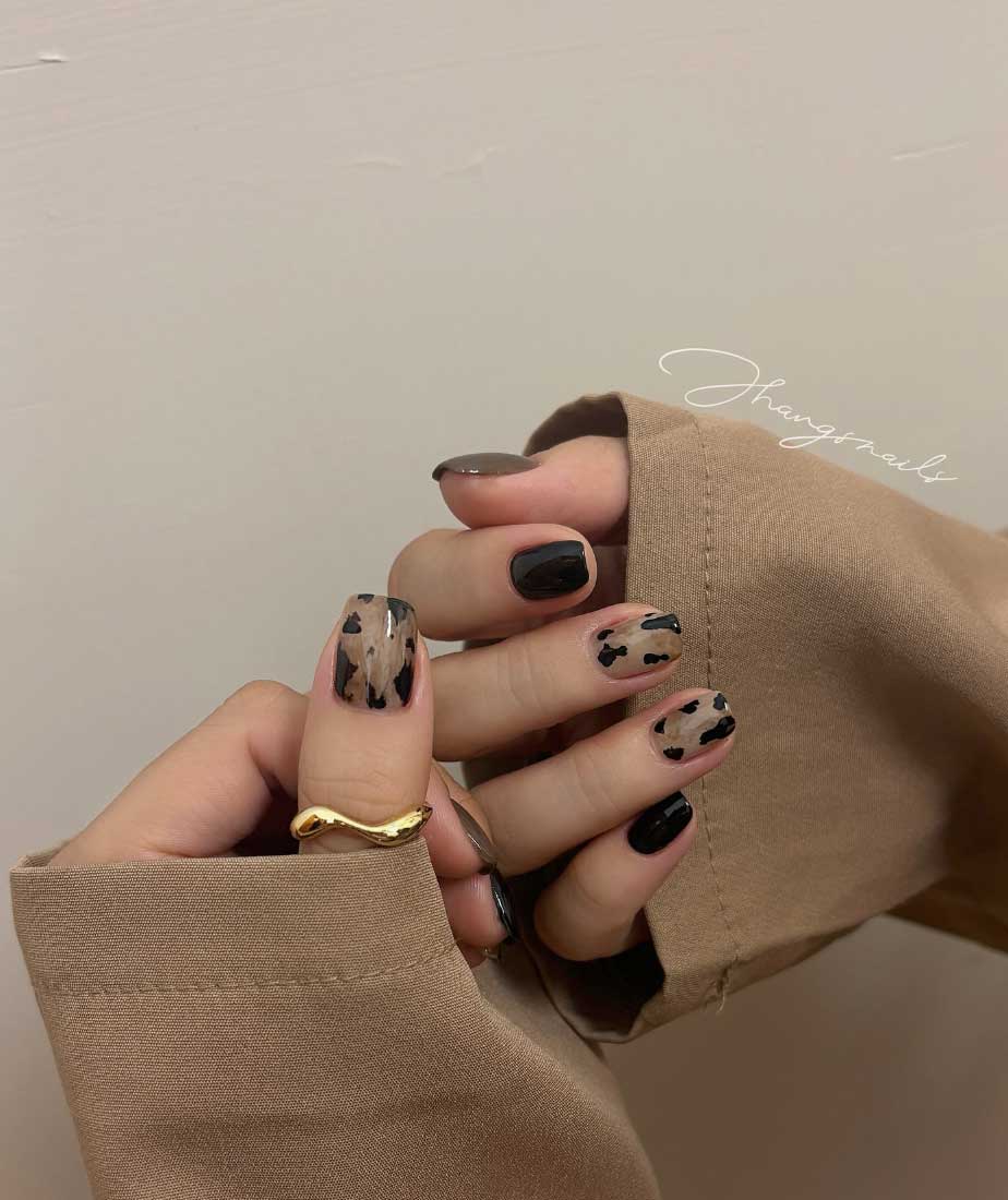 dark brown aesthetic square nails animal print