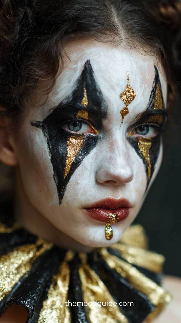 easy glam gold and black clown pierrot makeup idea