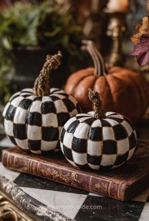 black and white checkered pumpkin painting