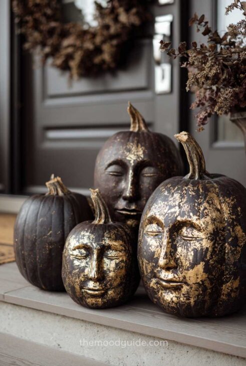 carved faces on pumpkin handpainted with gold