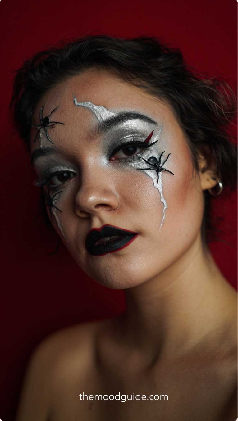 easy spider makeup with silver and black hair for halloween