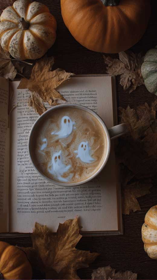 moody cute cozy fall wallpaper with ghosts for halloween