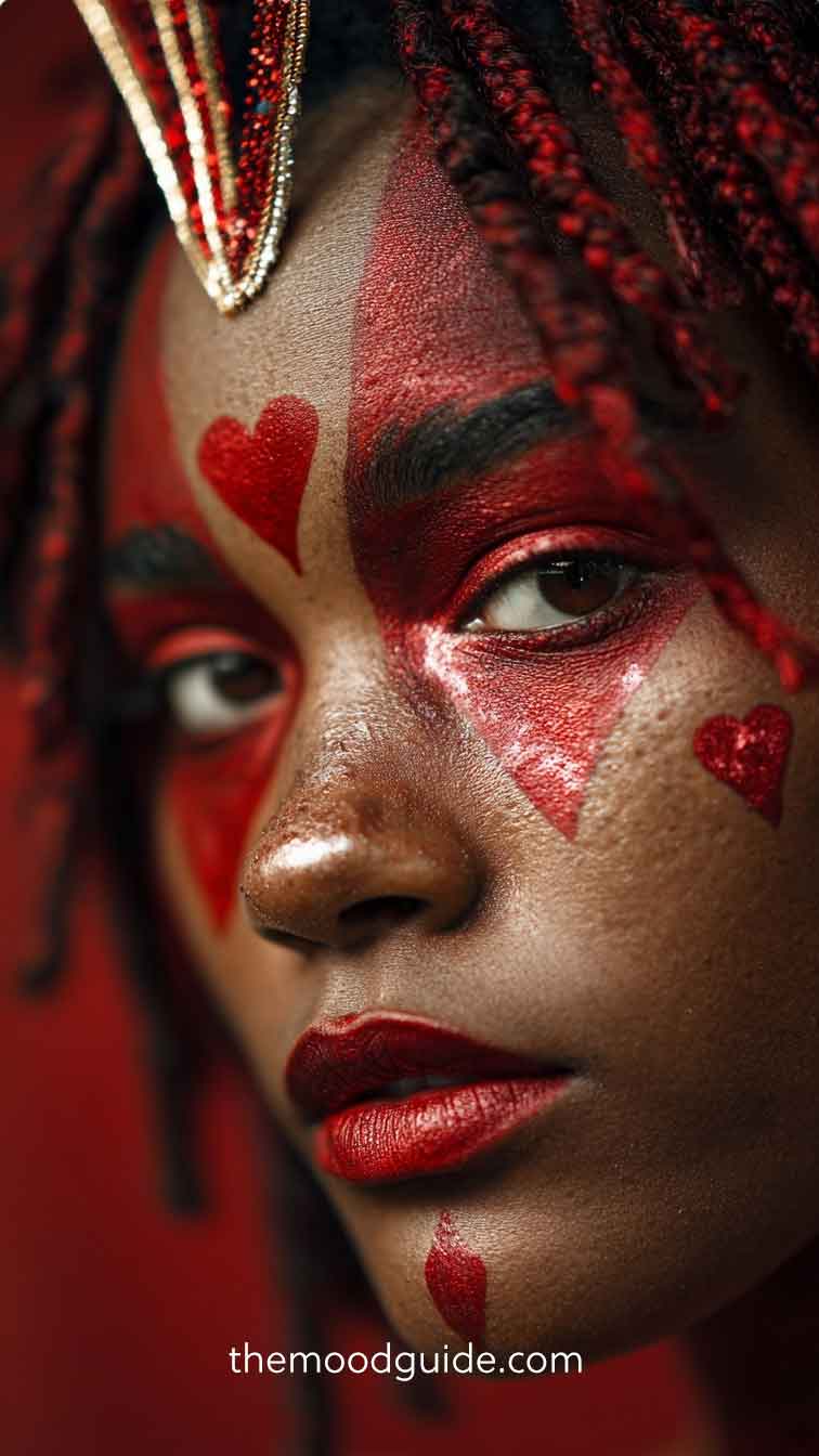 simple heart red clown makeup idea for halloween on black skin