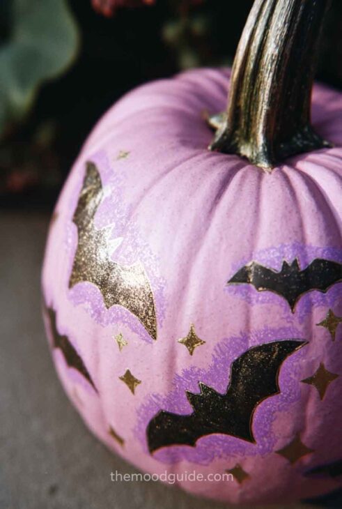pink pumpkin with gold bats for cute halloween decor