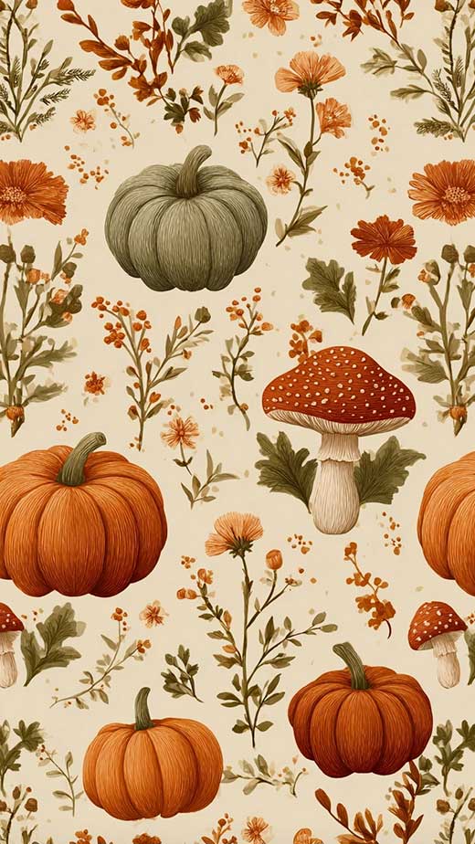 soft green and terracota cute cottagecore fall wallpaper iphone aesthetic with mushrooms