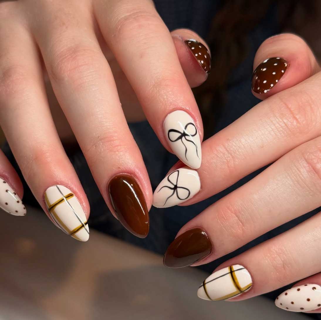 brown and white simple cute coquette autumn nail design